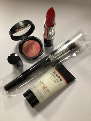 Laura Geller Blush Lychee Rose 1,8g Tiger Lilly Lippenstift, Primer 28ml Pinsel Set