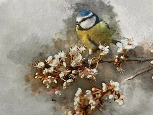 3 x Bird & Blossom  Grey Blue Linen Cotton Fabric Panel Make A Cushion  Craft - Picture 1 of 4