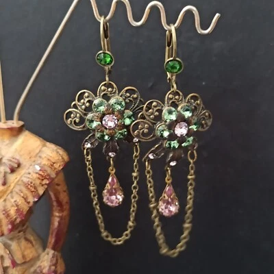 Michal Negrin Earrings Long Light Green Pink Crystal Flower Chain Romantic Gift - Image 1 of 4