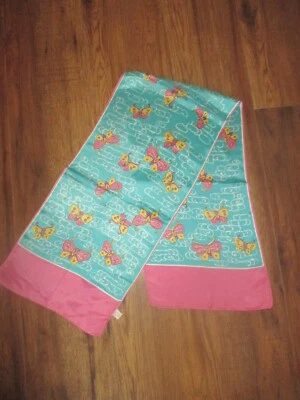 MCM Vintage PINK YELLOW BUTTERFLIES On GREEN Acetate SCARF-Made in ITALY-1960's - Image 1 of 3