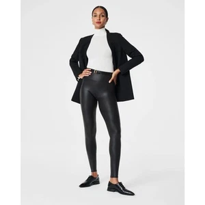 SPANX Faux Leather Leggings Black Matte Size Medium Shaping Contour Vegan - Picture 1 of 8