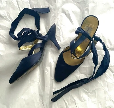 Vintage Seide Wickel Tie Pantoletten Heels Navy Blau Italy Diego Della Valle 37,5 US 7 - Bild 1 von 4