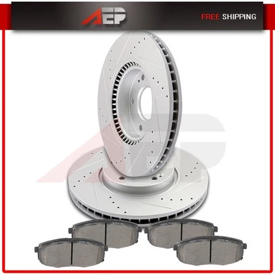 Fits 10-13 Kia Forte Koup Drilled & Slotted Front Brake Rotors And Ceramic Pads - Image 1 of 4
