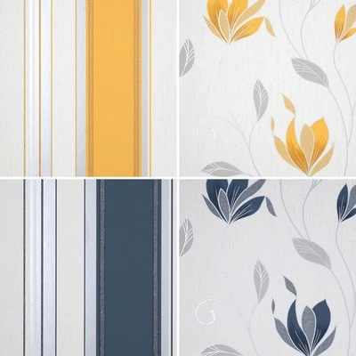 Fine Decor Synergy Floral Striped Yellow Blue White Silver Glitter Wallpaper - image 1 of 4