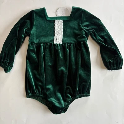 Abby & Evie Infant Girls 24M Hunter Green Velour Romper Lace Accent Boutique NEW - Image 1 of 4