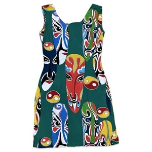 RARE Vintage 80s Jams World Archive Hawaiian Tiki Masks Rayon Tank Dress Size 3 - Picture 1 of 13