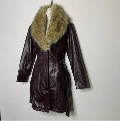 Wilsons Leather Long Burgundy Red Medium Trench Coat Women Belt Vintage - Image 1 of 4