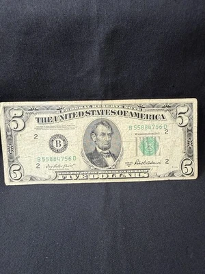 $5 Five Dollar Bill 1950 Series B B55884756D Very Good Condition Rare USA - Image 1 of 4