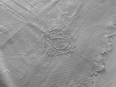 Linge Ancien Couvre Lit De Mariage Festonné Monogrammes entrelacés G S Lin Soie - Photo 1/4