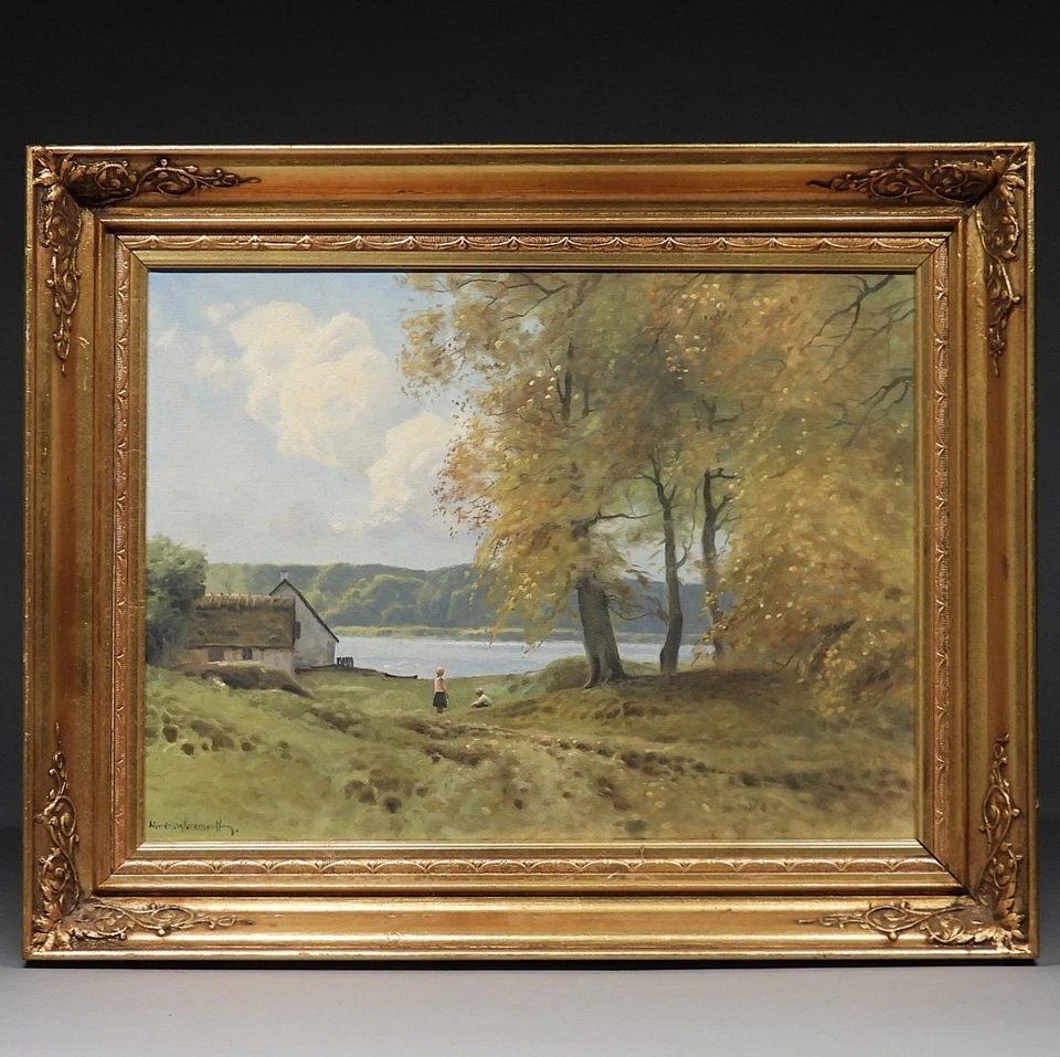 BELEZA! Pintura O/C artista dinamarquês Niels Walseth crianças em cena do lago - Imagem 1 de 4