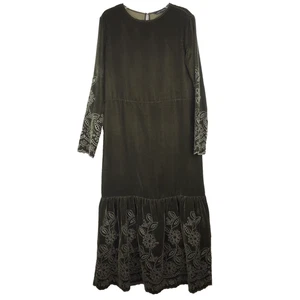 Zara Stufen Samt Maxikleid Langarm Blumen bestickt grün Gr. XS - Bild 1 von 9