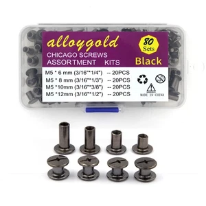 80 set viti pistola nere M5 Chicago kit assortito rivetti pelle 4 misure post fai da te - Foto 1 di 7