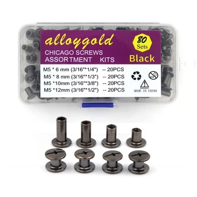 80 set viti pistola nere M5 Chicago kit assortito rivetti pelle 4 misure post fai da te - Immagine 1 di 4