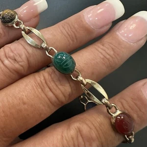 VINTAGE NACHLASS 14K GOLD GEFÜLLT TIGERAUGE CHALCEDON STEIN SKARABÄUS ARMBAND 7,25" - Bild 1 von 24