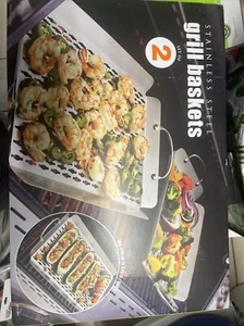 Grill Baskets: Stainless Steel-Meat, Fish & Vegetable Grill/Dishwasher, Set Of 2 - Picture 1 of 2