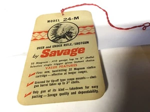 Savage Model 24-M Over Under Rifle shotgun 22 Magnum 410 Gauge Original Hang Tag - Picture 1 of 3