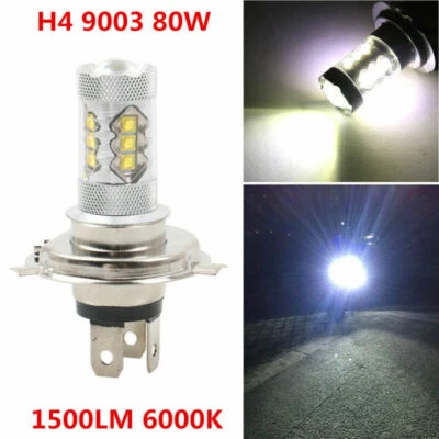 1x80W H4 Motorcycle Headlight Hi/Lo Beam Front Light Bulb LED White 6000K 1500LM - Image 1 of 4