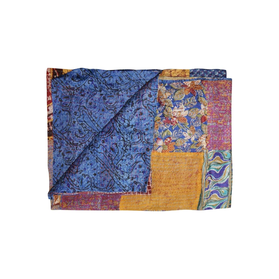 Manta 60 X 90 Azul y Amarillo Kantha Algodón Patchwork con Bordado Foto 1 de 1