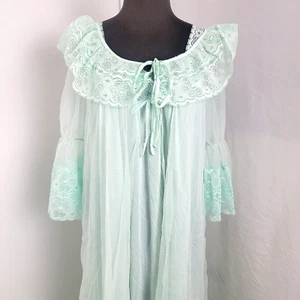 Vintage Movie Star Lingerie Nightgown Robe Sheer Mint Green Nylon Peignoir MED M - Picture 1 of 10