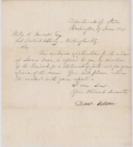 1842 LS Letter from Statesman Daniel Webster on Behalf of the President - Picture 1 of 2