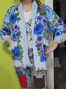 70s Vintage Terrycloth Towel Fringe Beach Jacket Purple Blue Vivid Colors OS - Picture 1 of 6