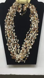 Collana Orecchini Set Vetro Perline Girocollo Ambra Bianco Trasparente Multi Filo Nuovo con etichette - Foto 1 di 2