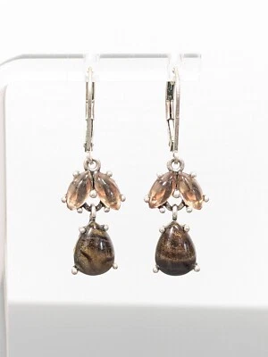 Beige Brown Cabochon Silver Tone Teardrop Dangle Leverback Pierced Earrings - Image 1 of 4