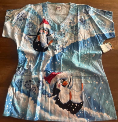 NEW S.C.R.U.B.S. Scrub Top Size Unisex Medium Christmas Holiday Snow Penguins - Image 1 of 4
