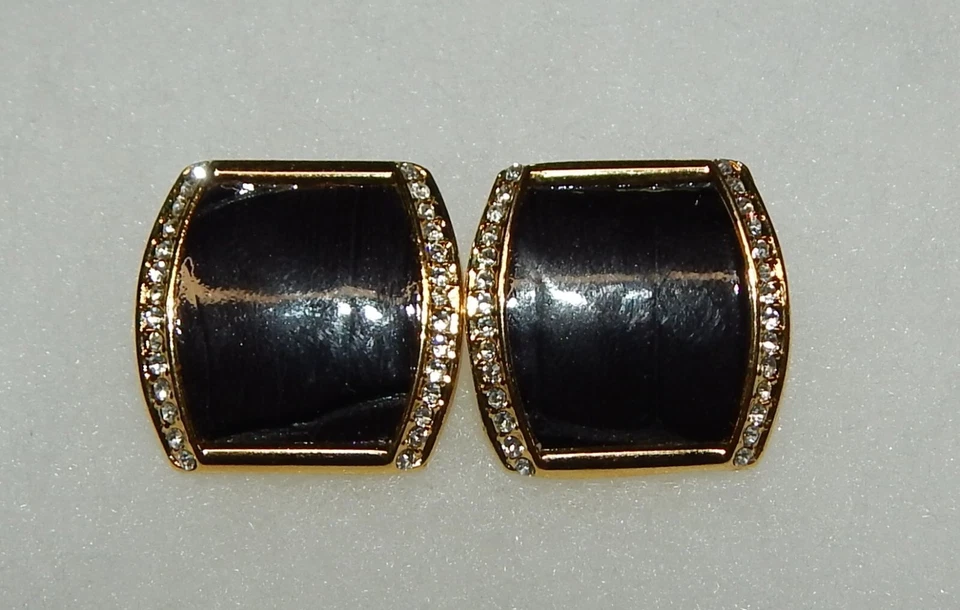 Joan Rivers Shiny Black Croco Pattern Leather & Rhinestone Pierced Earrings - Image 1 of 2