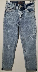NWT Girls 8 SLIM JUSTICE Cotton/Visc Denim Blue Acid-Destroyed GIRLFRIEND JEANS - Picture 1 of 5