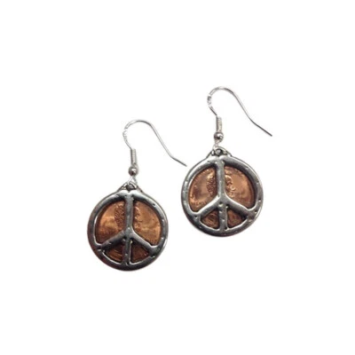 Penny Earrings with Peace Signs, on sterling silver earwires, FREE SHIPPING - Image 1 of 2