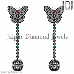 Pave Diamond Emerald Gemstone Ruby 925 Silver Butterfly Dangle Earrings Jewelry - Picture 1 of 5