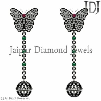 Pave Diamond Emerald Gemstone Ruby 925 Silver Butterfly Dangle Earrings Jewelry - Image 1 of 4