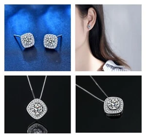 Square Stone Pendant Earrings Silver Plated Zircon Necklace Women Jewelery Set - Picture 1 of 6