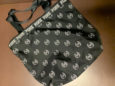  Victoria’s Secret PINK Black Tote Bag Silver Print Fabric Canvas Large - Image 1 of 4