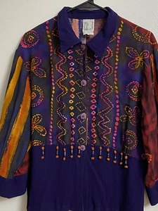 Globe Trotter Of Bali Blouse Orange Purple Bead Rayon Boho Top Shirt Size Medium - Picture 1 of 6
