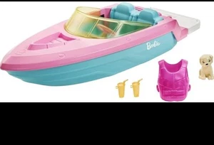 Barbie Boot mit Welpe und Themenzubehör, passend für 3 Puppen, schwimmt rosa cyan - Bild 1 von 6