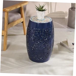 Metal Side Table,Lace Cut Iron End Table,Patio Garden Stool,Round Blue,azalea - Picture 1 of 8