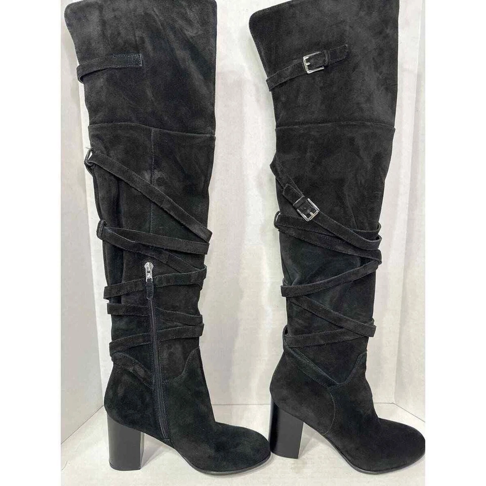 Botas por encima de la rodilla Sam Edelman para mujer talla 9,5 negras de gamuza con tiras Foto 1 de 4