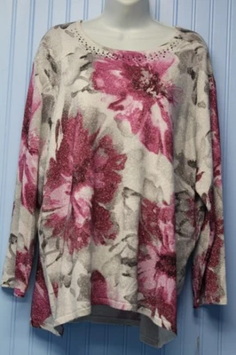 Alfred Dunner 粉色和灰色花朵闪亮大圆领套头毛衣 3X 全新带标签 — 第 1/3 张图片