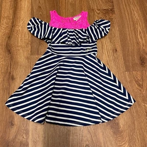 Juicy Couture Girls Cold Shoulder Pink Lace Blue White Striped Dress Size 4T - Picture 1 of 7