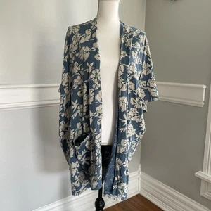 Natural By Known Supply Cardigan M/L Blue Floral Kimono Pockets Organic Cotton - Picture 1 of 14