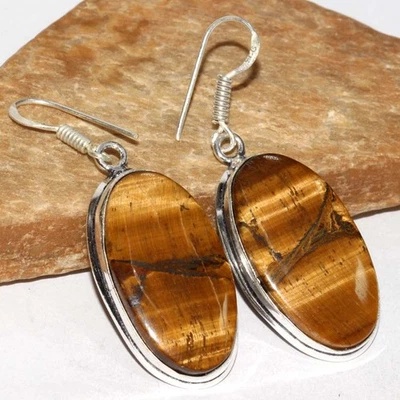 Classy Tiger Eye 925 Silver Plated Handmade Earrings 2" Exquisite Gift GW - Image 1 of 3