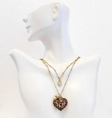 Betsey Johnson Double Chain Pink /Gold Glittery Leopard Heart Pendant Necklace - Image 1 of 4