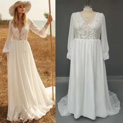 Boho Beach Wedding Dresses V-Neck Long Sleeves Chiffon Appliques Bridal Gowns - Image 1 of 4