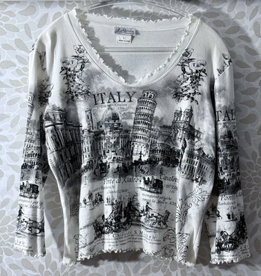 Camiseta Top Vintage Y2K J Marco Para Mujer L Italia Estampado Borde Lechuga LS V Cuello Foto 1 de 4