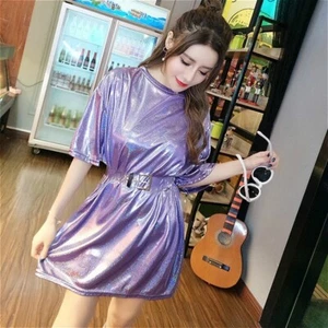 Women Glitter Shirt Dress Sparkle Laser with Belt Clubwear Party Cocktail Summer - Picture 1 of 16