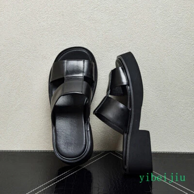 Men's Mid Block Heek 100% Real Leather Slippers Open Toe Sandal Shoes Mule Slide - Image 1 of 4