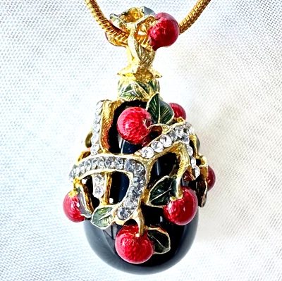 Black Onyx Sterling Silver Faberge Egg Pendant Crystals Enamel Gold 24"Chain - Image 1 of 4