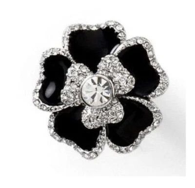 Lia Sophia "Dahlia" Clear Cut Crystals Black Enamel Flower Style Ring Size 7 - Image 1 of 3